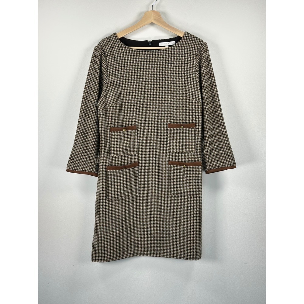 Preston & York Houndstooth Wool Shift Dress Brown Sz 8 Dark Academia Equestrian
